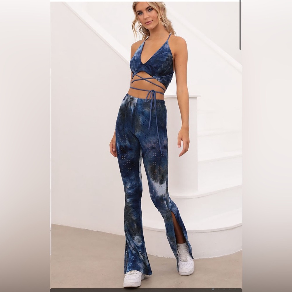 Lucy in the Sky Blue Tie-Dye Lace-Up Crop Top & Flare Pants Set